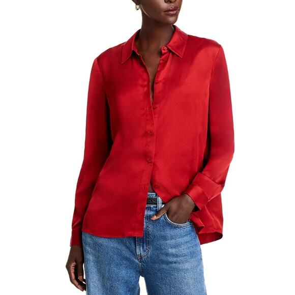 FRENCH CONNECTION TOP WOMENS XSMALL ENNIS BLOUSE SATIN SHIRT WINE RED NEW - Picture 1 of 11